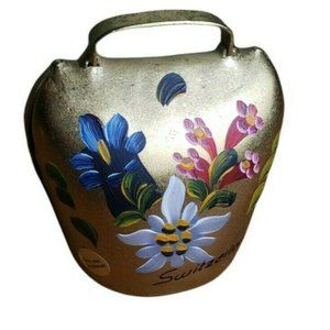 Brienz Switzerland Brass Cowbell Hand Painted Flowers Loud Bell Ring Vintage